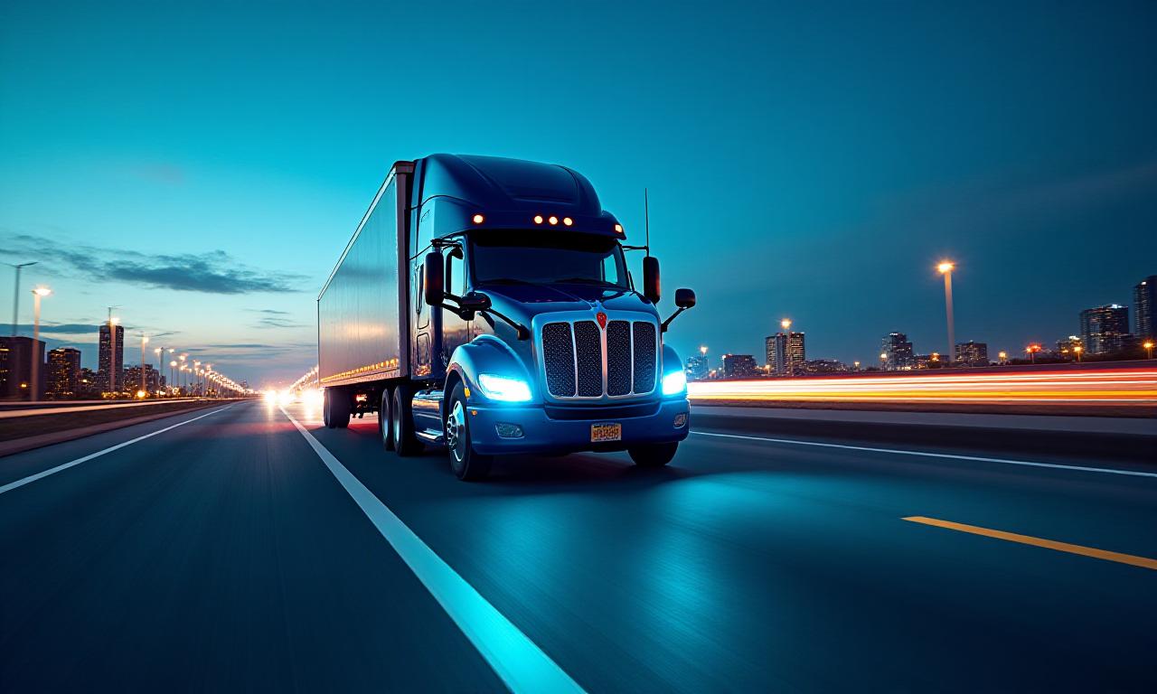 Large freight truck moving on highway with neon lighting